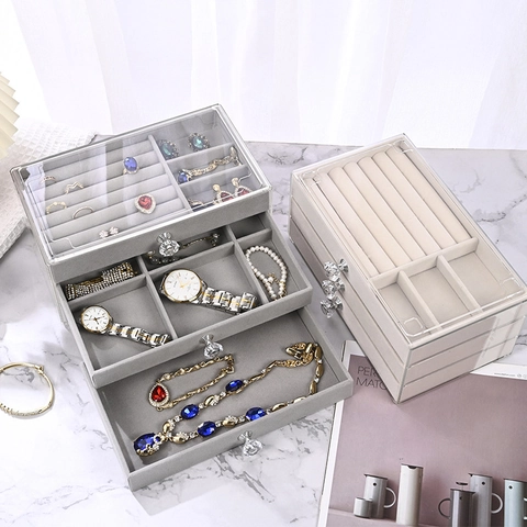 Layered Jewelry Organizer Box Transparent Acrylic Exterior Velvet Lining For Earring Ring Necklace Watch Desktop