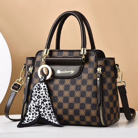 Bolso De Mano Retro A Cuadros Para Mujer Cuero PU Gran Capacidad Bolso De Hombro Bandolera Con Pañuelo Elegante