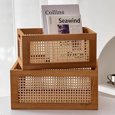 Handmade Storage Basket Solid Wood Rattan Woven Desktop Organizer Vintage Style Box For Cosmetics Books Stationery Home