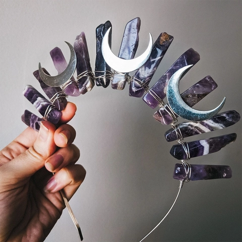 Natuurlijke Amethist Kristallen Kroon Hoofdband Met Zilveren Maan Decoratie Handgemaakte Gotische Haaraccessoires Voor Vrouwen