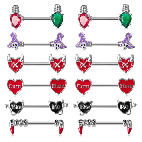 Anneaux De Mamelon Acier Inoxydable Zircon Bijoux De Piercing Corporel Coeur Diable Fantôme Corne Impression De Lettres