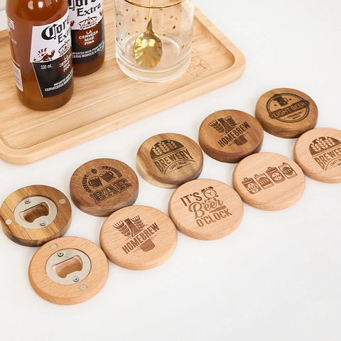 Round Wood Bottle Opener Magnetic Refrigerator Magnet Beech Stainless Steel Laser Engraved Vintage Beer Pattern Accessory