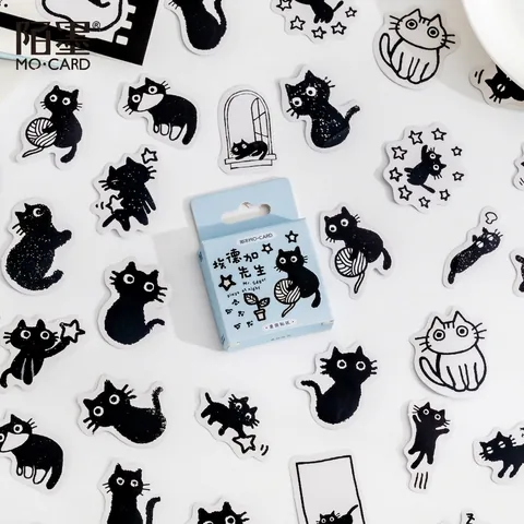 Adesivi Decorativi in Scatola a Tema Gatto Nero Stile Disegnato a Mano Fai da Te Scrapbooking Journaling Adesivi per Laptop Telefono Cancelleria Arredamento