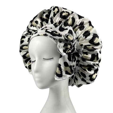 Leopard Print Satin Sleep Cap For Women Soft Polyester Wide Band Bonnet Hair Care Night Hat With Adjustable Tie Bow