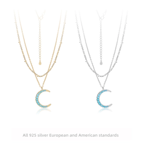 Collana con Pendente Mezzaluna a Strati in Argento Sterling 925 per Donna con Zirconia Blu Intarsiata Placcata Oro Argento Gioielli