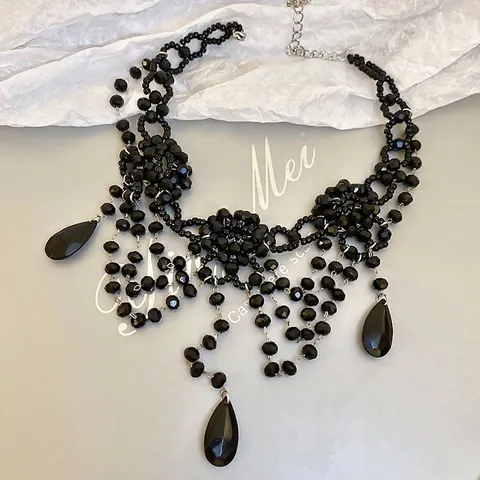 Gothic Black Beaded Choker Necklace Alloy Crystal Water Drop Pendant Flower Multi Layer Dark Style Women Neck Jewelry