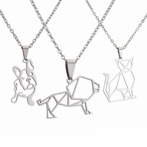 Stainless Steel Geometric Animal Pendant Necklace Origami Hollow Lion Cat Dog Minimalist Jewelry For Women Men