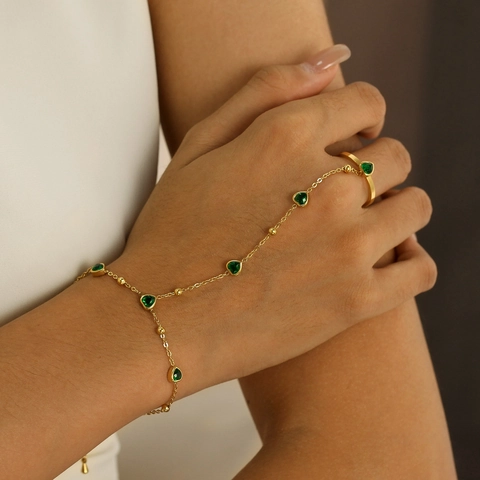 Böhmisch Gold Galvanisiert Edelstahl Handschmuck-Kette Für Damen Grün Herz Glasstein Armband Ring Integriert Mode Schmuck