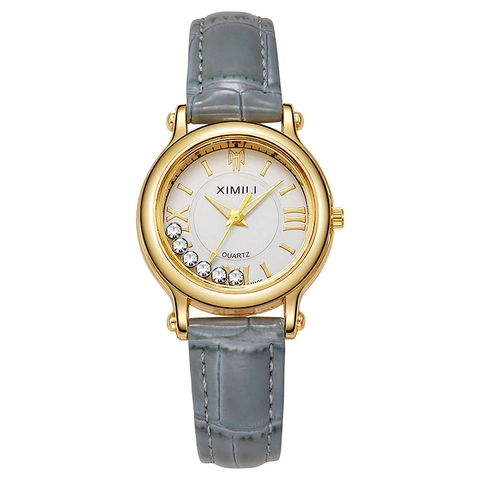 Women Quartz Watch Elegant Alloy Case PU Leather Strap Floating Rhinestone Dial Analog Wristwatch Fashion Casual