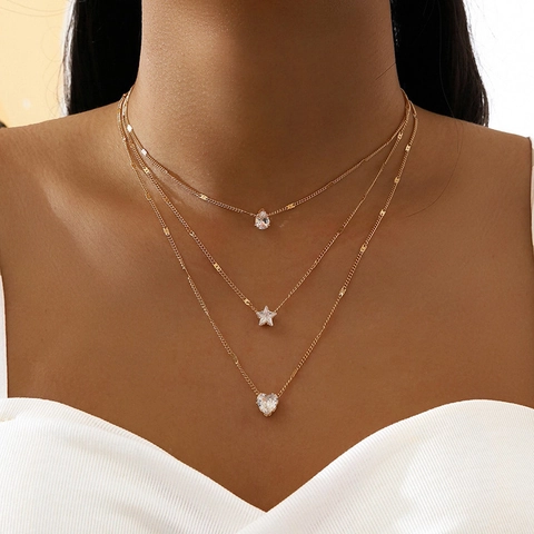 Collier Multi-Rangs Alliage Zircon Goutte Étoile Cœur Pendentifs Or Mode Simple Bijoux Pour Femmes