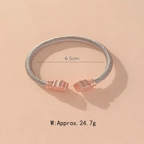 Stainless Steel Cable Cuff Bracelet Twisted Rope Adjustable C-Shaped Bangle Flower Rhinestone Vintage Women Gift