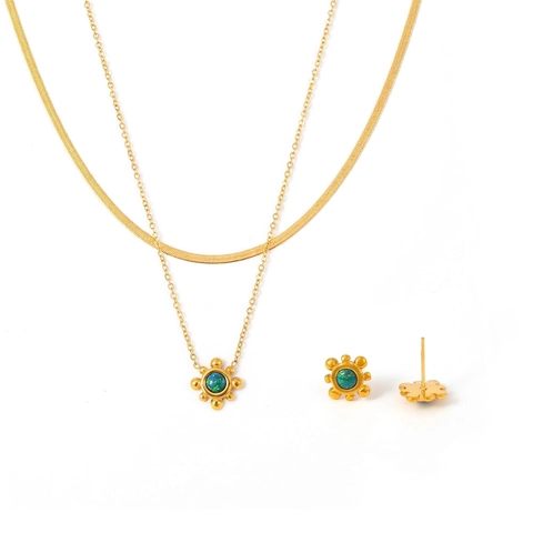 Ensemble de Bijoux Tournesol en Acier Titane Plaqué Or 18K Collier avec Pendentif en Pierre Naturelle et Boucles d'Oreilles