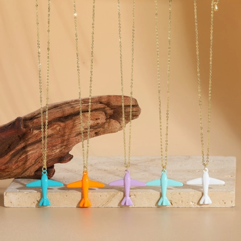 Fashion Copper Airplane Pendant Necklace 14K Gold Plated Colorful Painted Aircraft Charm Dopamine Style Jewelry For Women