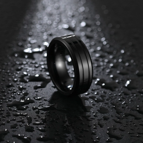 Minimalistischer Titanstahl Ring Matt Schwarz Für Herren Geometrisch Cool Doppelrillen Band Mode Schmuck Finger Zubehör Geschenk