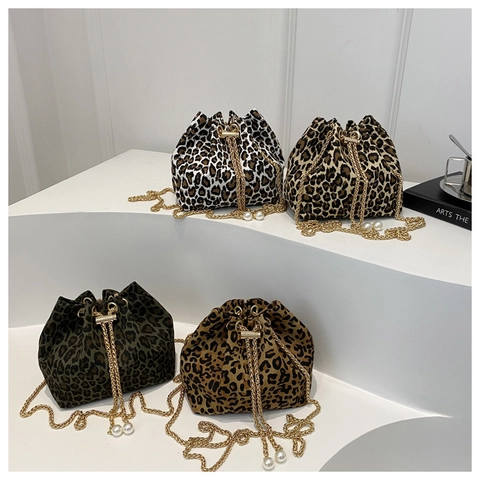 Leopard Print Bucket Bag Fabric Crossbody Shoulder Purse With Gold Metal Chain Strap And Faux Artificial Pearl Charm For Women