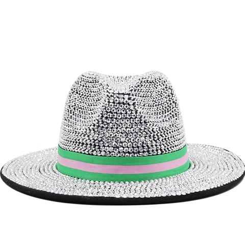 Cappello Fedora Di Lusso Con Strass Argento Tesa Larga Berretto Jazz Retrò Con Fascia A Righe Verde Rosa Per Palcoscenico Festa Spettacolo