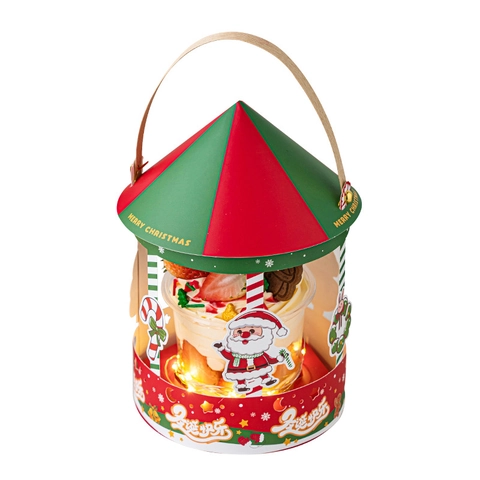 Christmas Carousel Cake Box Paper Packaging With LED Light String Transparent Plastic Cups And Decorative Dessert Toppers