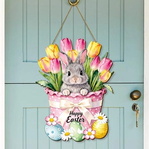 Letrero Colgante Madera Pascua Conejo Tulipán Flor Placa Bienvenida Happy Easter Granja Pared Decoración Festiva
