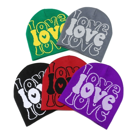 Berretto In Maglia Beanie Con Lettere Love Jacquard Inverno Caldo Antivento Acrilico Unisex Streetwear