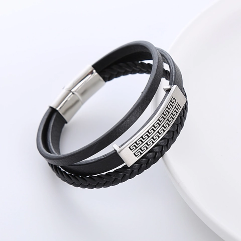 Bracciale Multistrato Da Uomo In Pelle E Acciaio Inossidabile Motivo Meandro Greco Cordino Intrecciato Chiusura Magnetica