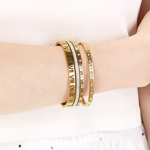 Brazalete De Acero Inoxidable Con Números Romanos Huecos E Incrustaciones De Diamantes De Imitación Joyería Para Mujer