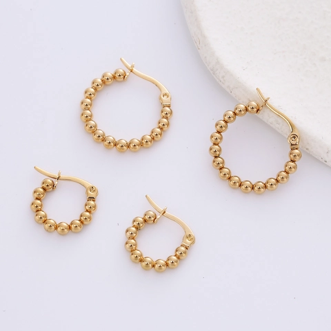 Beaded Hoop Earrings 316L Stainless Steel 18K Gold Plated Textured Ball Beads Fashion Jewelry For Women