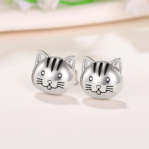 Süße Cartoon Katzenkopf Ohrstecker Kupfer Galvanisiert Mit 925 Sterlingsilber Ohrstecker-Stift Für Damen Tier Schmuck Geschenk