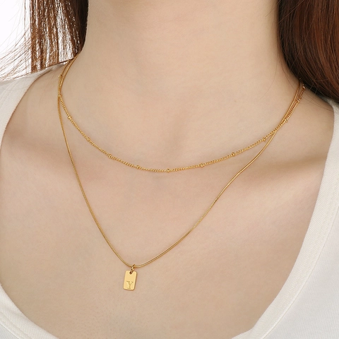 Layered Necklace Stainless Steel Snake Bone Beaded Chain Initial Letter Square Pendant For Women Minimalist Fashion Jewelry