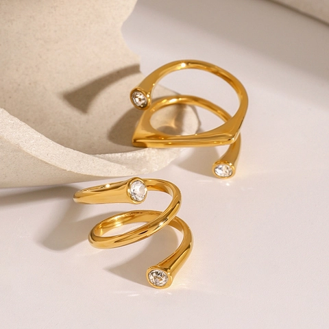 Bague Ouverte En Spirale Acier Inoxydable Plaqué Or Géométrique Zircone Ajustable Bijoux Élégants Minimalistes Pour Femmes