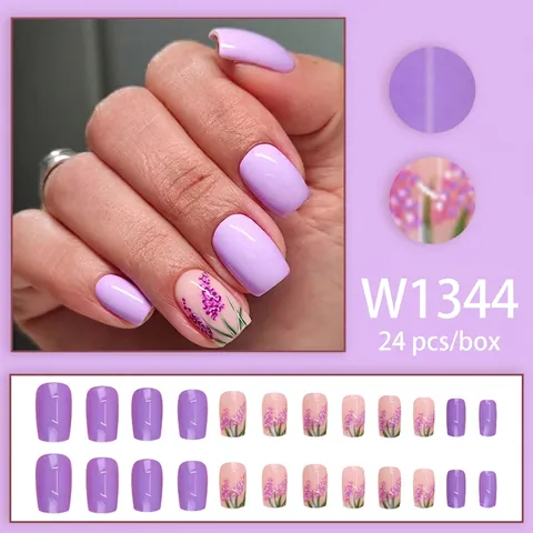 Unghie Finte A Pressione Lavanda Viola Sfumata Motivo Floreale Unghie Artificiali Lucide Da Donna