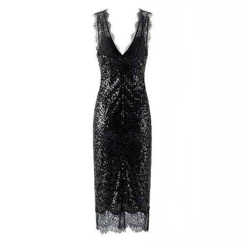 Pailletten Maxi Kleid Tiefer V-Ausschnitt Spitze Patchwork Bodycon Ärmellos Rückenfrei Sexy Party Abend Nightclub Damen