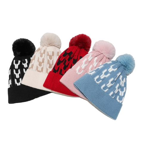 Berretto Invernale Da Donna Pom Pon Foderato In Pile Caldo Maglia Motivo Geometrico All'aperto Termico Tempo Freddo