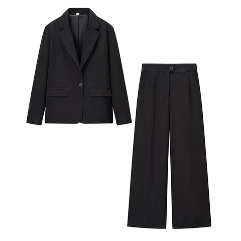 Women Blazer And Pants Polyester Single Breasted Office Professional High Waist Wide Leg Autumn Elegant