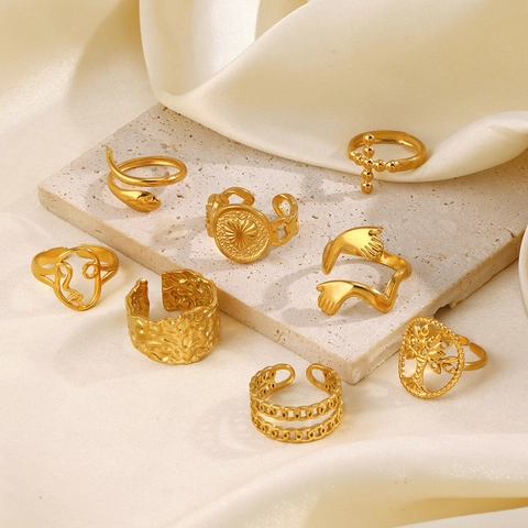 Gold Plated Stainless Steel Adjustable Rings Bohemian Snake Cross Abstract Face Open Finger Jewelry For Women