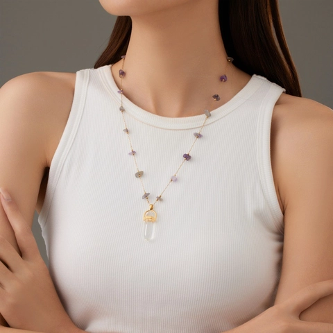 Titanium Steel Natural Stone Necklace For Women Gold Plated Clear Crystal Hexagonal Prism Pendant Fashion Commuter Jewelry