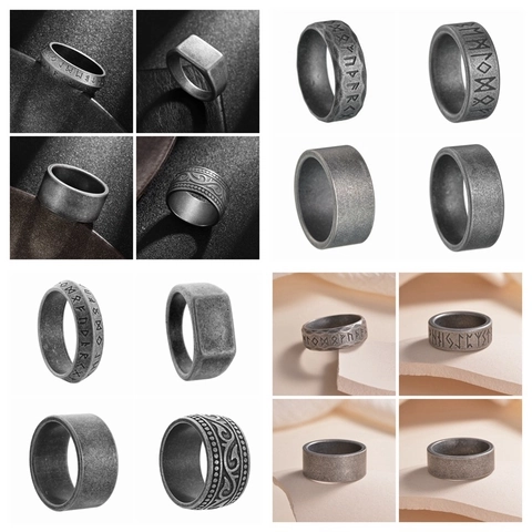Vintage Viking Rune Ring Men Titanium Steel Antique Silver Celtic Knot Signet Band Wide Biker Jewelry