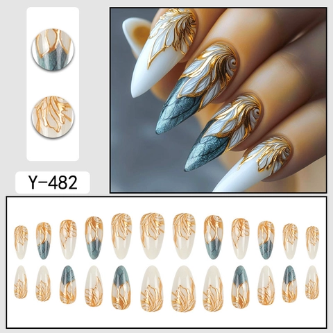 Faux Ongles Blanc Or Gilded Lignes 3D Relief Goutte De Eau Amande Élégant Luxe Style Français Manucure