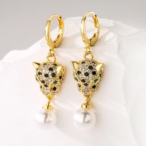 Pendientes De Gota Con Cabeza De Pantera Leopardo Cobre Chapado En Oro Con Zircón Y Perla Artificial Sintética Joyería Hip Hop