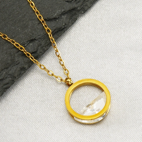 Collana Con Pendente In Zircone Tondo Acciaio Inossidabile Placcato Oro 18K Gioielli Eleganti Minimalisti Donna