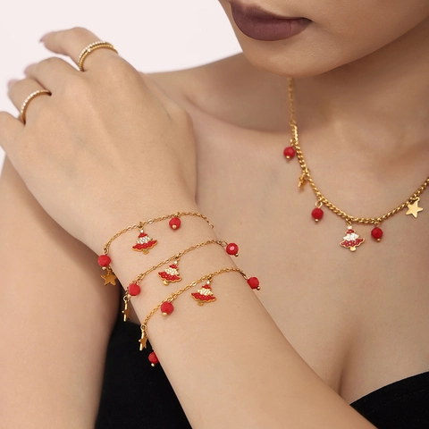 Stainless Steel Christmas Tree Jewelry Set With Garnet Zircon Enamel Pendant Necklace Bracelet Earrings For Women Holiday Party Gift