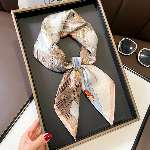Elegant Mulberry Satin Square Scarf Women French Retro City Architecture Print Neck Kerchief Head Wrap Hair Band