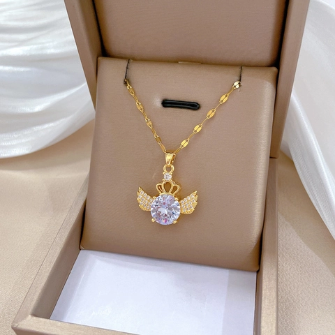 Collana Con Ciondolo A Corona E Ali Di Angelo Per Donna Catena In Acciaio Al Titanio Rame Micro Pavè Zircone Gioielli