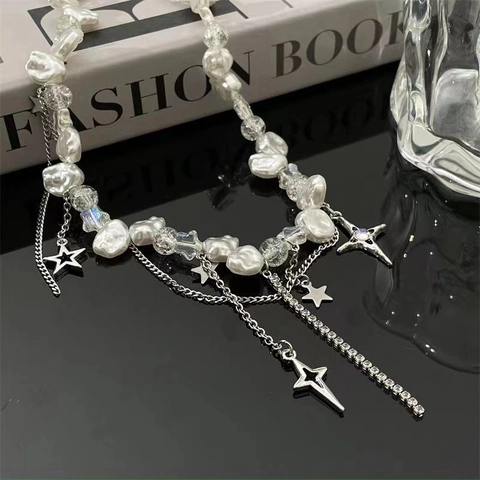 Baroque Künstliche Perle Stern Quaste Halskette Legierung Layered Choker Y2K Mode Schmuck Für Damen