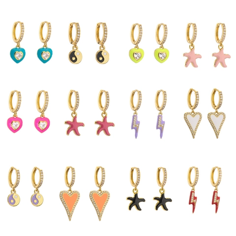 Enamel Hoop Drop Earrings With Zircon Copper Gold Plated Heart Starfish Lightning Tai Chi Fashion Jewelry For Women