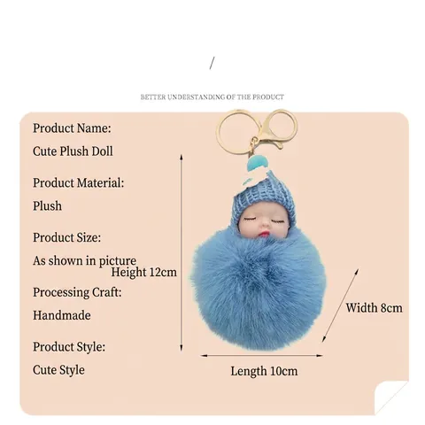 Slapende Baby Pop Sleutelhanger Kunstbont Pompon Gebreide Muts Schattige Pluche Tas Hanger Meisjes Vrouwen Handtas Decor
