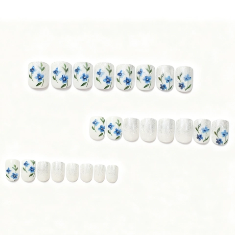 Press On Nails Medio Largo Cuadrado Uñas Postizas Blanco Perla Artificial Patrón Floral Azul Degradado Brillo Estilo Fresco Simple Para Mujeres