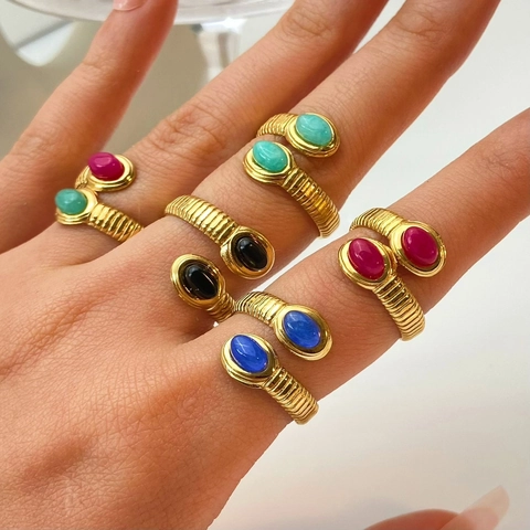 18K Gold Plated Stainless Steel Open Ring For Women Double Natural Stone Inlaid Spiral Ribbed Texture Retro Jewelry