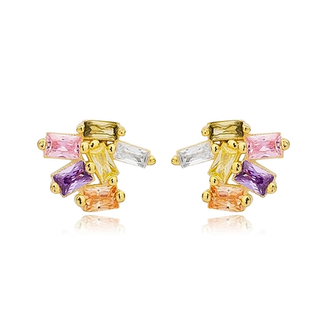 Poste de Plata de Ley 925 Cobre Circonia Pendientes de Botón Geométricos Multicolor Diamantes de Imitación Coloridos Pendientes de Racimo Joyería para Mujer