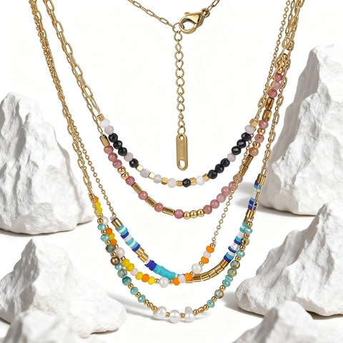 Collana Di Perline Bohemian In Acciaio Inossidabile Placcato Oro 18K Turchese Colorato Perla Artificial Gioielli Retro Per Donna