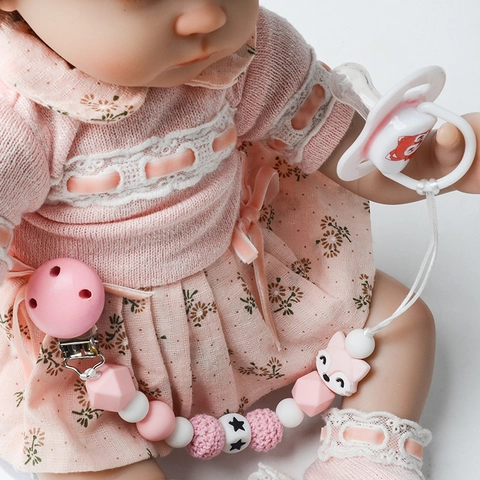 Silicone Wood Crochet Beads Baby Pacifier Clip Chain Fox Shape Star Pattern Anti Drop Soothing Teether For Infants